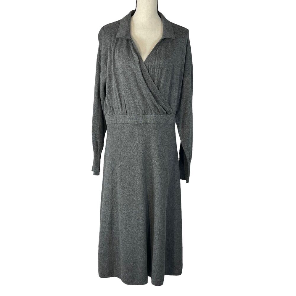 Alfani X-Large Sweater Midi Dress Balloon Sleeve Stretch Surplice V-Neck Grey
